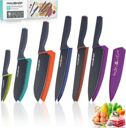 HAUSHOF Kitchen Knife Set, 12-Piece Knives Set with 6 colorful Sheaths, Non-Stick Coated Stainless Steel Blades for Slicing, Dicing&Cutting, Gifts Knife Set for Dad, Mom, Husband and Wife