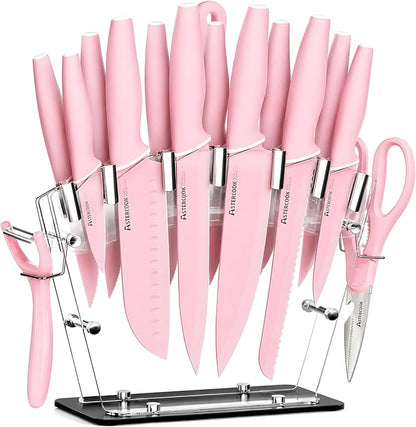 Astercook Knife Set with Block and Sharpener, 22 Piece Kitchen Knife Set Dishwasher Safe, Space-Saving Clear Knife Block with Knives for Everyday Home Cooking Pink