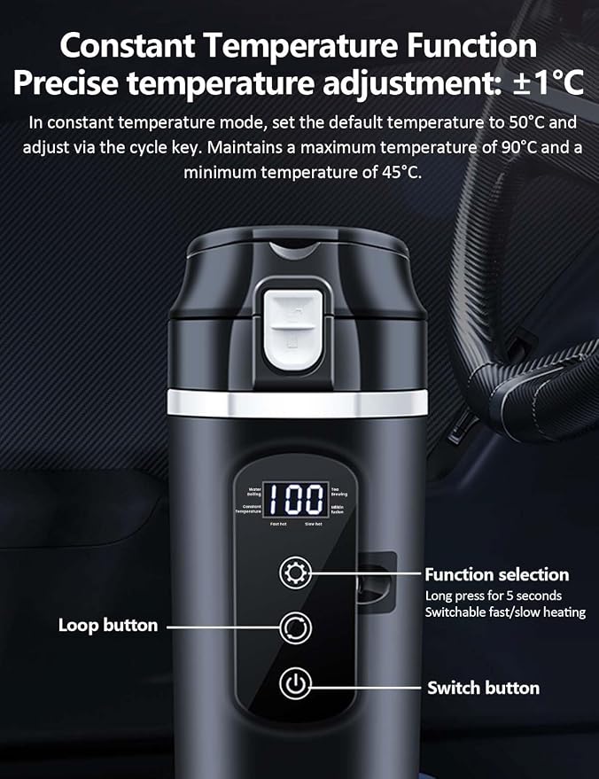 Intelligent 12V Car Electric Kettle with Touchscreen, 13.5oz Travel Kettle, 304 Stainless Steel, Leak-Proof Lid, Variable Temperature (113-212°F) for Coffee, Tea & Milk – Ideal for Trucks, Buses, Cars
