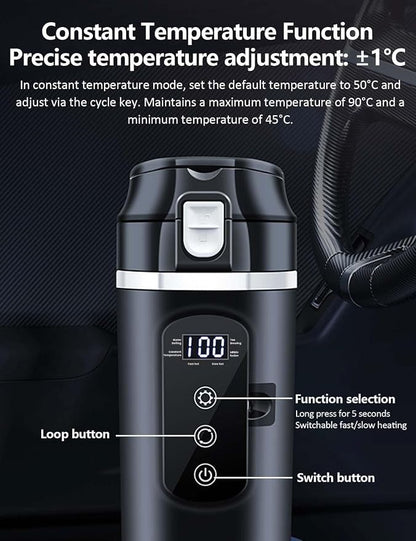 Intelligent 12V Car Electric Kettle with Touchscreen, 13.5oz Travel Kettle, 304 Stainless Steel, Leak-Proof Lid, Variable Temperature (113-212°F) for Coffee, Tea & Milk – Ideal for Trucks, Buses, Cars