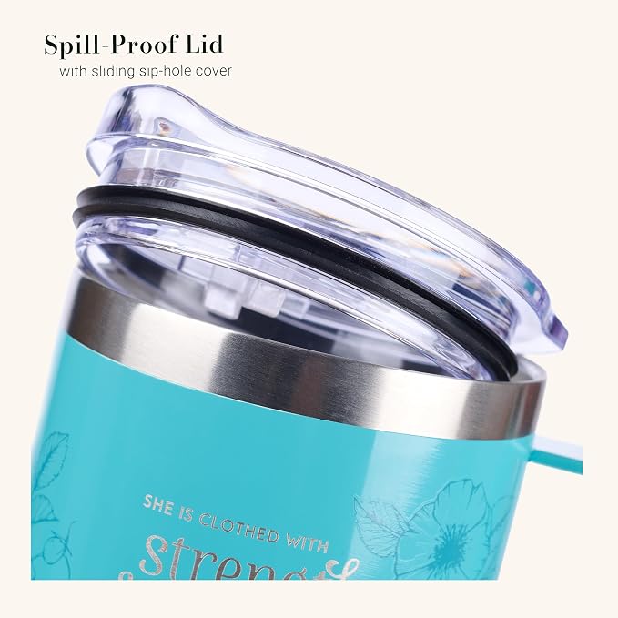 Christian Art Gifts Stainless Steel Double Wall Vacuum Insulated Camp Style Travel Mug 11 oz Floral Teal Coffee Mug with Lid and Handle for Women - Strength and Dignity - Proverbs 31:25
