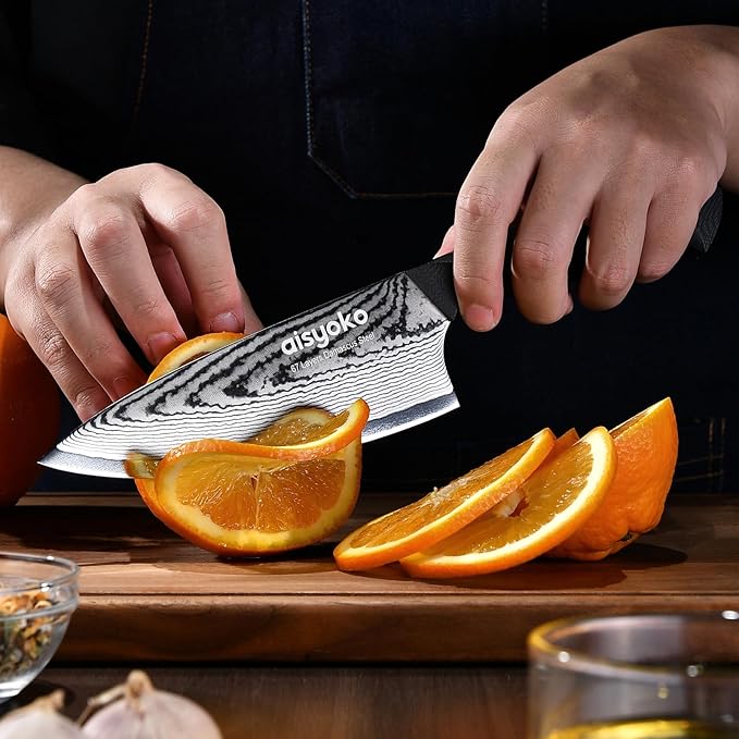 aisyoko Damascus 6.5" Chef Knife Sharp Kitchen Knife Japan VG-10 Stainless Steel Carbon Ultra Sharp Kitchen Cooking Knife, Ergonomic G10 Handle Deluxe Gift Box