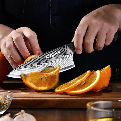aisyoko Damascus 6.5" Chef Knife Sharp Kitchen Knife Japan VG-10 Stainless Steel Carbon Ultra Sharp Kitchen Cooking Knife, Ergonomic G10 Handle Deluxe Gift Box