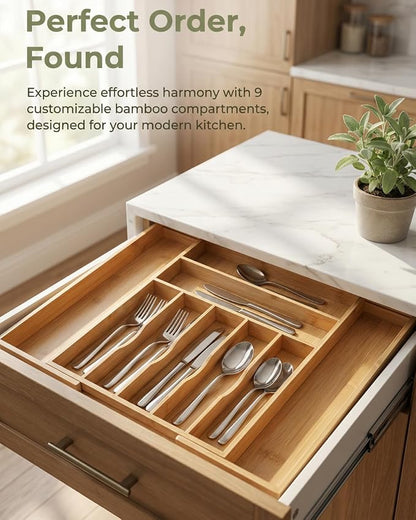 Expandable Bamboo Silverware Drawer Organizer, 5-7 Compartments | Expands to Fit Most Drawers, 5-7 Compartments, Dual-Zone Storage for Flatware and Large Utensils