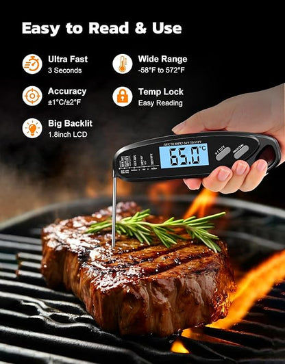 Instant Read Meat Thermometer Digital with Dual Probe, Food Thermometer for Cooking & Grilling, Large Backlit & Calibration, Grill Thermometer for Outside/Kitchen/Oven/Smoker/BBQ/Baking, Black