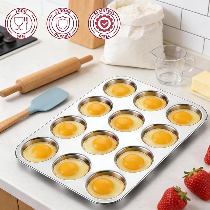 E-far Muffin Top Pan, 12-Cavity Stainless Steel Shallow Cupcake Pan for Yorkshire Pudding, Eggs, Whoopie Pie, Cornbread, Non-toxic & Dishwasher Safe - 2 Pcs