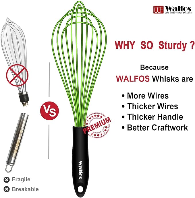 Walfos Silicone Whisk, Rubber Whisks for Cooking, Baking (11,9,8.5 inch) - Heat Resistant Kitchen Whisks for Non-stick Cookware, Balloon Egg Beater Perfect for Blending, Whisking, Beating, Frothing