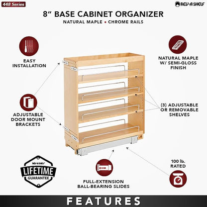 Rev-A-Shelf Maple Pullout Organizer for Full Height Base Cabinets, Full Extension Slides & Adjustable Shelves, Min Opening Width of 8.5", 448-BC-8C