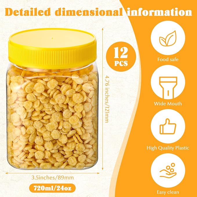 Nosiny 12 Pcs 24 oz Clear Plastic Jars with Lids Square Plastic Container Large Candy Jars with Screw on Lids Refillable Kitchen Storage Containers for Dry Food, Coffee (Yellow)