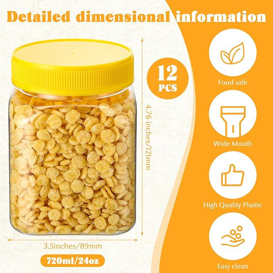 Nosiny 12 Pcs 24 oz Clear Plastic Jars with Lids Square Plastic Container Large Candy Jars with Screw on Lids Refillable Kitchen Storage Containers for Dry Food, Coffee (Yellow)