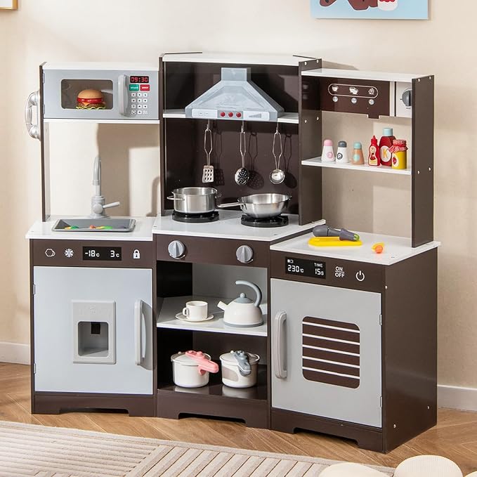 Costzon Corner Kids Kitchen Playset, Wooden Toy Kitchen Set w/Lights & Sounds Range Hood, Ice Maker, Pretend Telephone, Sink, Faucet, Microwave, Oven, Play Kitchen for Kids 3+ (Brown)