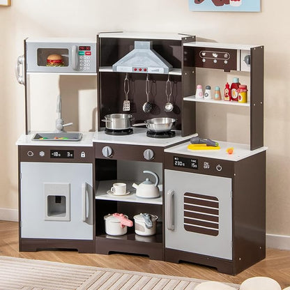 Costzon Corner Kids Kitchen Playset, Wooden Toy Kitchen Set w/Lights & Sounds Range Hood, Ice Maker, Pretend Telephone, Sink, Faucet, Microwave, Oven, Play Kitchen for Kids 3+ (Brown)