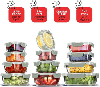 EATEX 24pc Glass Storage Containers with Lids, 12 Glass Food Storage Containers with 12 Airtight Lids for Pantry & Kitchen, Meal Prep Containers for Lunch, Oven Freezer Microwave & Dishwasher Safe