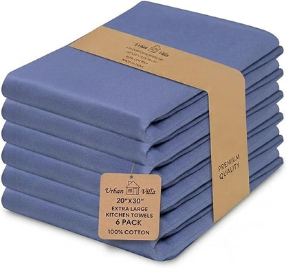 Urban Villa Kitchen Towels 100% Cotton Dish Towels for Kitchen(Set of 6) 20”x30” Dish Cloths Highly Absorbent Kitchen Linen Set with Hanging Loop Perfect for Drying Dishes Cleaning Hand Towels - Blue