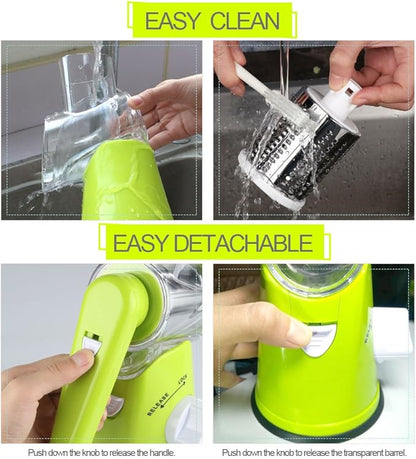 Cambom Rotary Cheese Grater Hand Crank Cheese Shredder for Fresh Cheese, Vegetable, Nuts,Non-slip Suction Base，Three Blades,Green