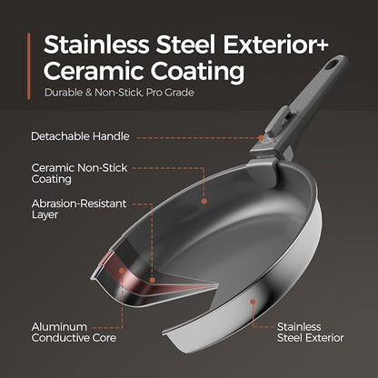 16PCS Pots and Pans Set Non Stick, Diamond-Titanium Ceramic Cookware Set & 3 Layer Stainless Steel with Detachable Handle, Induction Cookware, Non Toxic Oven/Dishwasher Safe, Gray