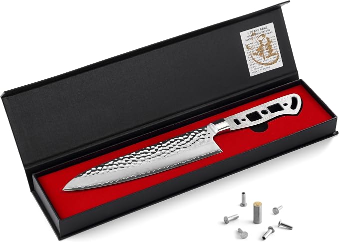 KATSURA Woodworking Project Kit – Japanese Premium AUS 10, Hammered 3-Layer Forged Steel – Classic Style Handle – NO LOGO (8-in with 50mm wide blade Gyuto Chef Knife Blank)