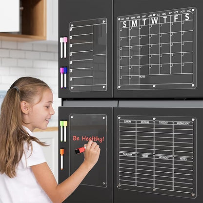 Neatsure 4Pcs Acrylic Magnetic Dry Erase Board Calendar for Fridge, Clear Monthly Weekly Daily Meal Menu Planner Whiteboard for Refrigerator, Notepad Memo White Board, w/ 8 Colors Markers, 15"x11"