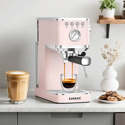 CHULUX Slim Espresso Machine with Milk Frother, 20 Bar Professional Italian Pump Espresso Coffee Machine for Home Cappuccino & Latte Maker, Stainless Steel, Pink