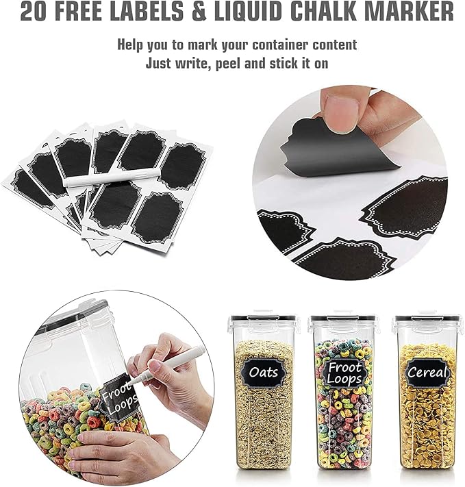 Wildone Cereal & Dry Food Storage Containers, Airtight Cereal Storage Containers Set of 8 [2.5L / 85.4oz] for Sugar, Flour, Snack, Baking Supplies, Leak-proof with Black Locking Lids