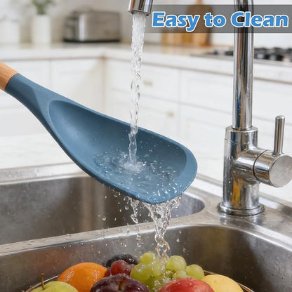 Cooking Spoon Set with Wooden Handle, Heat-Resistant Kitchen Utensils for Stirring, Mixing, Serving, Non-Stick Cookware (BLUE - 1Pack)