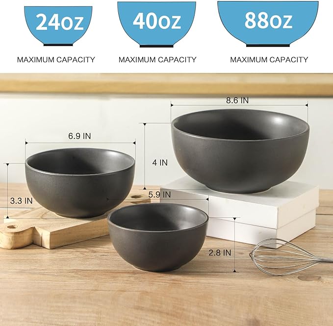 Tikoore Ceramic Mixing Bowls Set，Soup Bowls Set of 3, Stoneware Nesting Bowls for Serving, Baking, Salad,Microwave and Dishwasher Safe,24/40/88 oz, Matte Black