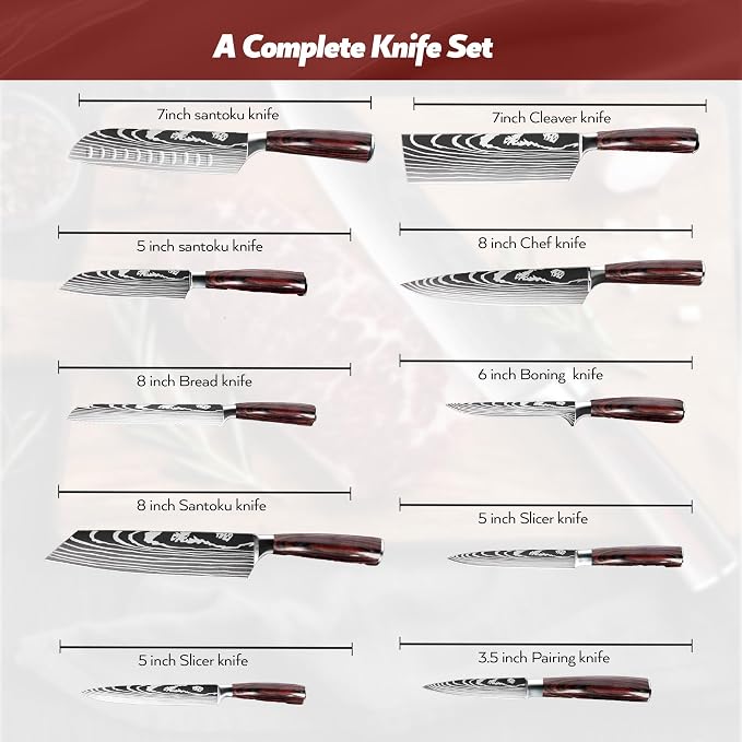SG Silksway Gallery 10 PCS German Knife, High Carbon Stainless Steel Knife Set with Pakka Wood Handle, Built-in Sharpener, Chef Knife (10 PCS KNIFE SET)