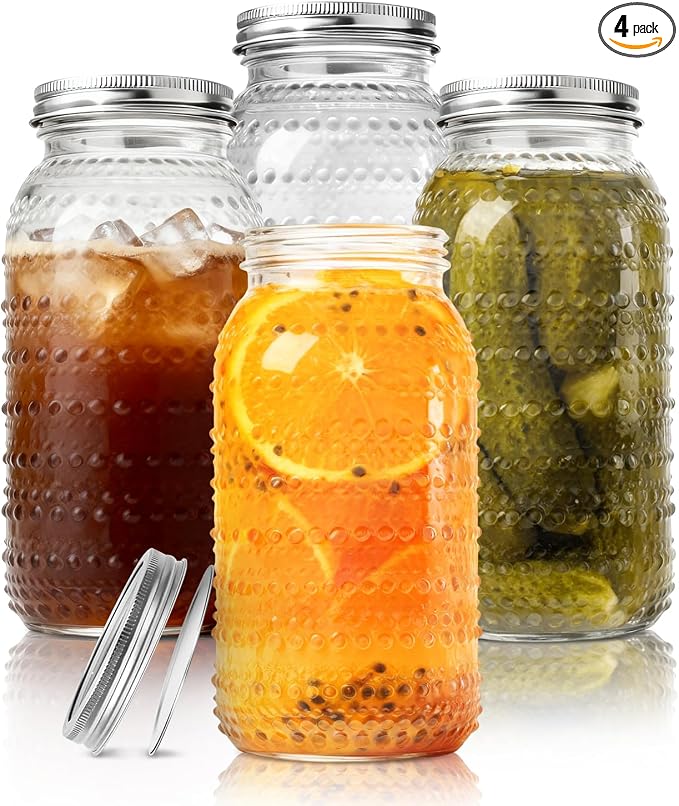 Wide Mouth Mason Jars 64 oz, 4 Pack Large Half Gallon Mason Jars with Lids, Glass Canning Jars for Fermenting, Pickling, Storing Food, Meal Prep, Salad Jam