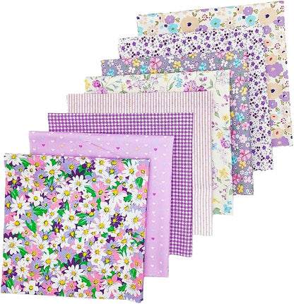 8 pcs/lot Fabric Bundles Top Cotton 19.69" x 19.69" (50cm x 50cm) Quilt, Pre-Cut Squares Sheets for Patchwork Sewing Quilting Crafting, Purple Floral.