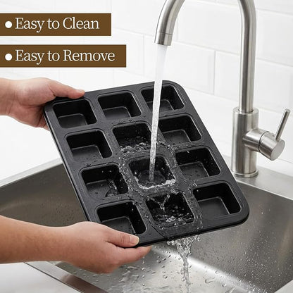 4 Pack Brownie Pan, 12 Cavity All Edges Square Cupcake Brownie Pans Mini Cake Non-stick Bakeware for Bread Loaf Cake Cookie Oven, Heavy Duty Carbon Steel Mini Muffin Pan