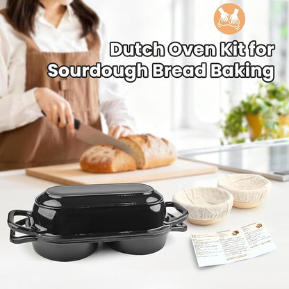 YONILL Mini Double Dutch Oven for Sourdough Bread Baking - Enameled Cast Iron Dutch Oven Pot with Lid and 5" Banneton Bread Proofing Basket Kit, Dual Round Bread Loaf Pan for Homemade Baking