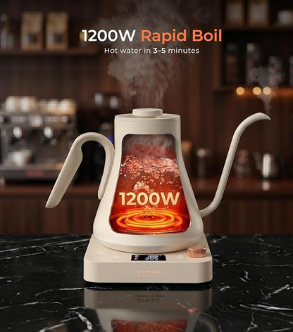 Epeios Electric Kettle, Gooseneck Electric Kettle with ±1°F Temperature Control, 1200W Rapid Heating for Pour Over Coffee & Tea, 304 Stainless Steel Interior, Auto Shut-Off, 0.9L, Cream White