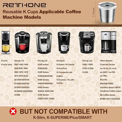 RETHONE Reusable K Cups for Keurig:Refillable K Cups Coffee Pods for Keurig 1.0 & 2.0 Coffee Machine,Stainless Steel Coffee Filters-SUS 304‌, Easy to Clean,Lid-Body Tight Seal