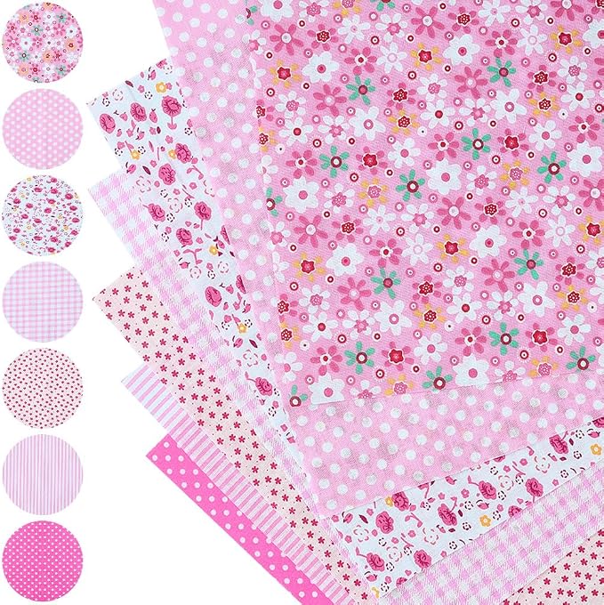 7Pcs Pink Printed Squares Fabric Patchwork Soft Cotton Square Fabrics Flower Polka Dot Stripe Print Vintage Cloth Bundle for Sewing Making Clothing Dress Decor Scrapbooking DIY Craft Supply