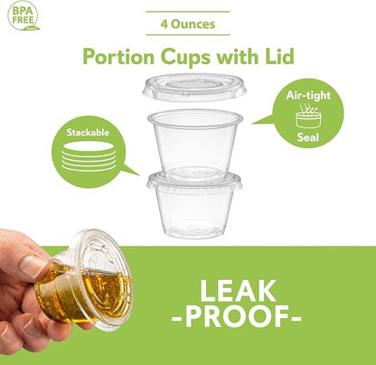 {4 oz - 100 Sets} Clear Diposable Plastic Portion Cups With Lids, Small Mini Containers For Portion Controll, Jello Shots, Meal Prep, Sauce Cups, Slime, Condiments, Medicine, Dressings, Crafts,
