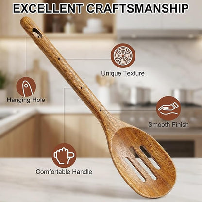 Large Wooden Spoons for Cooking Utensil Set Big Mixing Serving Slotted Spoons Acacia Wood Cooking Spoon Set Non Toxic Spatula for Kitchen Bamboo Kitchen Utensils Long Handle Stirring Spoon Spatulas