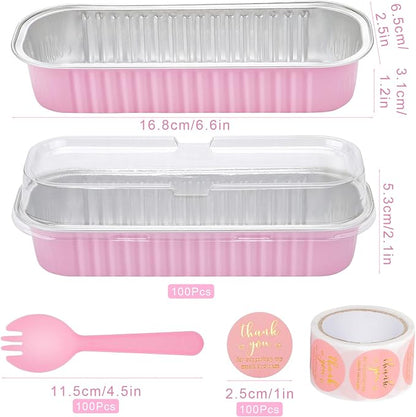 100Pack Pink Mini Cake Pans with Lids Mini Loaf Pans and Spoons and Stickers, 6.8Oz Aluminum Foil Pans Tins, Individual Dessert Cups Containers for Sales,Party,Picnic