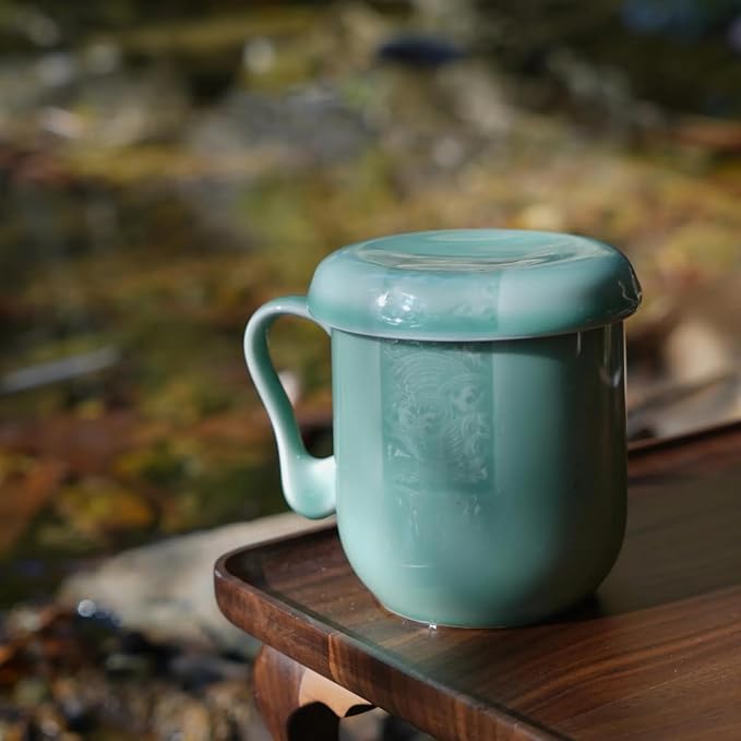 Tea Infuser Mug with Lid, 12oz Handcrafted Celadon Loose Leaf Cup — Ceramic Strainer Brewing Mug, Sage Green Japandi Drinkware, Gift for Tea Lovers