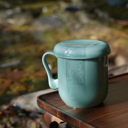 Tea Infuser Mug with Lid, 12oz Handcrafted Celadon Loose Leaf Cup — Ceramic Strainer Brewing Mug, Sage Green Japandi Drinkware, Gift for Tea Lovers