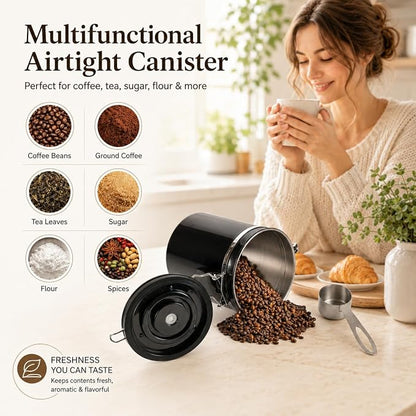 Mixpresso 16 Oz Black Coffee Canister, Stainless Steel Airtight Coffee Container, Air tight Jar Tea Storage with Date Tracker, Vacuum Sealed Espresso Airtight Canister, Sugar Container for Home