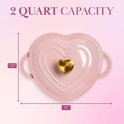 Paris Hilton Enameled Cast Iron Dutch Oven Pot with Lid, Heart-Shaped Dutch Oven, Durable Cast Iron Pot with Dual Handles, Oven Safe to 500°F, Works on All Stovetops, 2-Quart, Pink