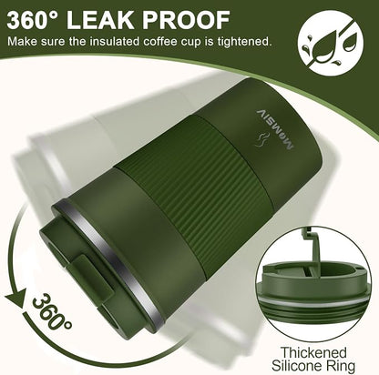 MOMSIV 12oz Travel Mug, Insulated Coffee Cup with Leakproof Lid, Vacuum Stainless Steel Double Walled Reusable Tumbler for Hot and Cold Water Coffee and Tea In Travel and Car Armygreen 380ML