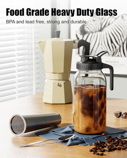2-Pack Cold Brew Coffee Maker - 64oz Mason Jar Pitcher with Stainless Steel Filter, Spout Lid for Iced Coffee, Tea, Lemonade & Fruit Drinks