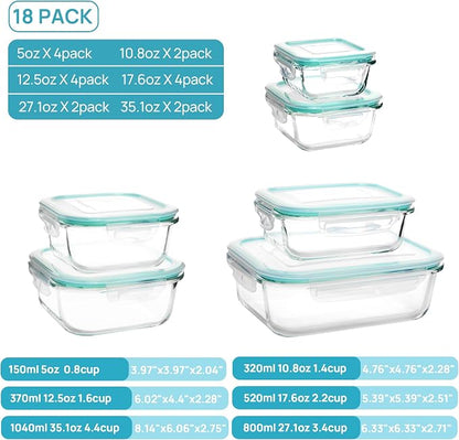 Vtopmart 18Pack Glass Food Storage Containers with Lids, Meal Prep Containers, Airtight Lunch Containers Leak Proof Locking Lids for Microwave, Oven, Freezer, Dishwasher