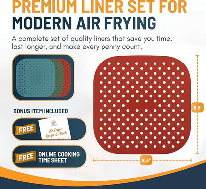 Reusable Square Silicone Air Fryer Liners (8.5 Inch, 3 Pack) by Linda’s Essentials - Non-Stick, Easy-Clean Accessories with Cheat Sheet & Recipe Book, Perfect for Quick Meals