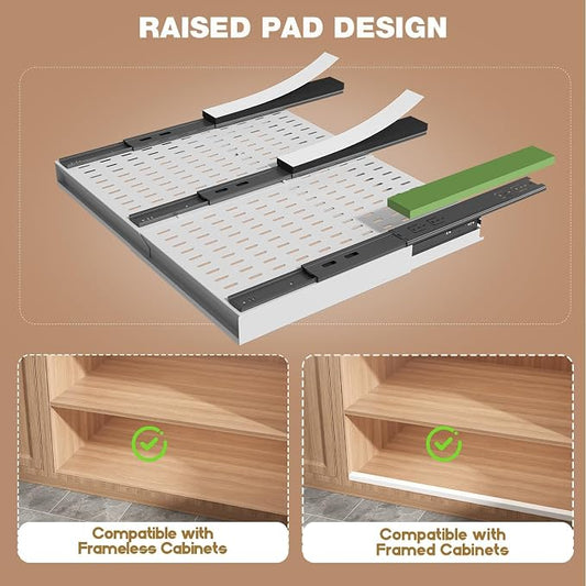 Seinloes 4 Pack Pull Out Cabinet Organizer Expandable Width (15"-24.8") & Depth (16.2"-23.6"), 3 Slide Rails Slide Out Drawers with Handle, Includes Raising Pad for Framed Cabinets, White