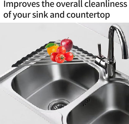 Roll Up Dish Drying Rack and Triangle for Sink,over the Sink , Kitchen Corner Drainer Mat, Foldable Stainless Steel (Triangle) Silver