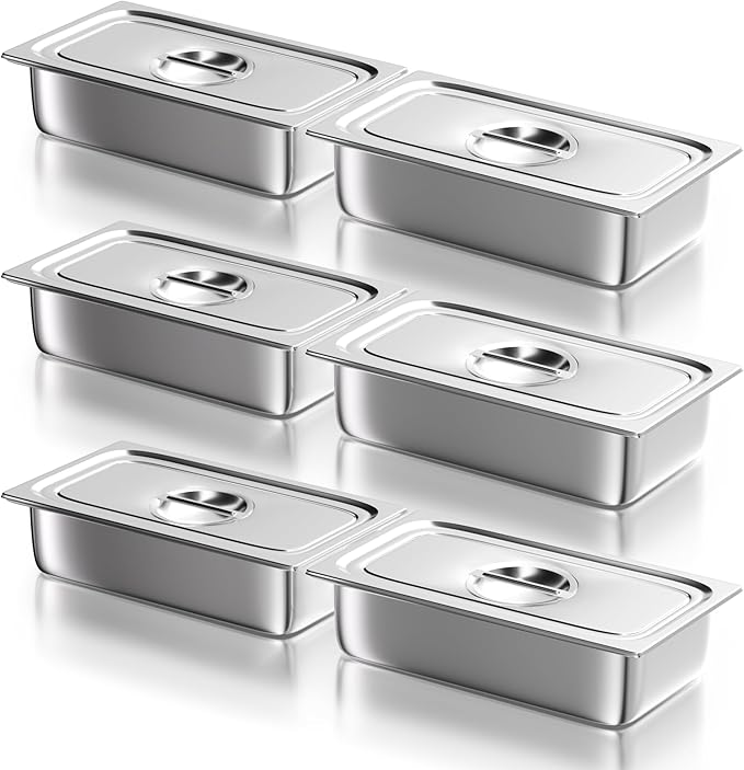 WantJoin Steam Table Hotel Pans with Lid 1/3 Third Size 4 Inch Deep 6 Pack, Thickened Stainless Steel Metal Food Storage Container Tray Set, Restaurant Chafing Dishes Commercial Buffet Catering