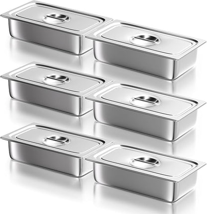 WantJoin Steam Table Hotel Pans with Lid 1/3 Third Size 4 Inch Deep 6 Pack, Stainless Steel Metal Food Storage Container Tray Sets, Restaurant Chafing Dishes Commercial Buffet Catering Supplies