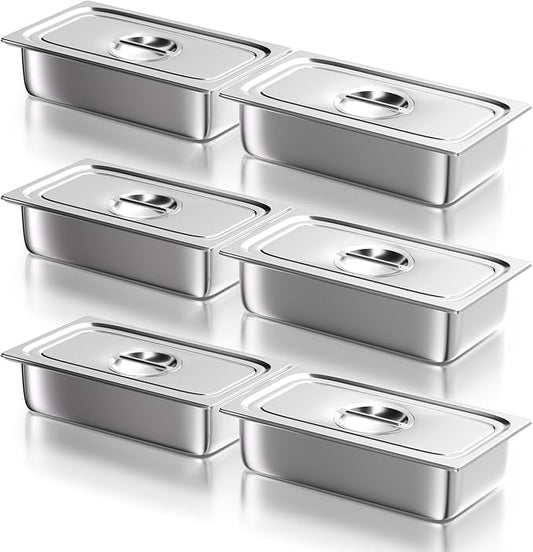 WantJoin Steam Table Hotel Pans with Lid 1/3 Third Size 4 Inch Deep 6 Pack, Stainless Steel Metal Food Storage Container Tray Sets, Restaurant Chafing Dishes Commercial Buffet Catering Supplies